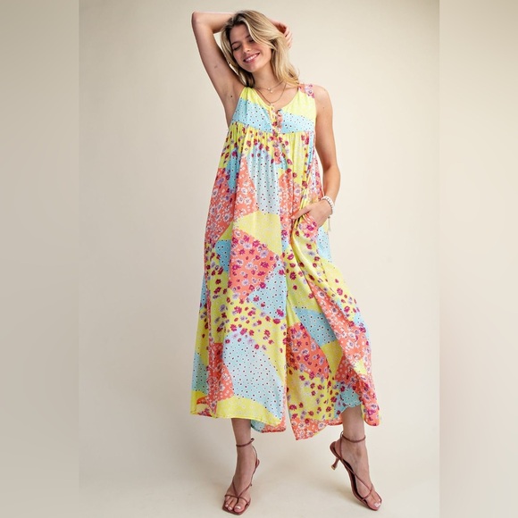easel Pants - #91 easel Yellow, Blue & Coral Patchwork Floral Maxi Jumpsuit